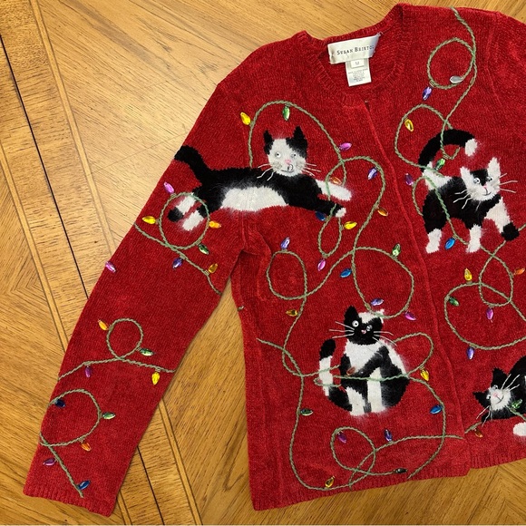 Susan Bristol Sweaters - Vintage Susan Bristol Sweater Cats Christmas Cardigan Button Up Women’s Medium